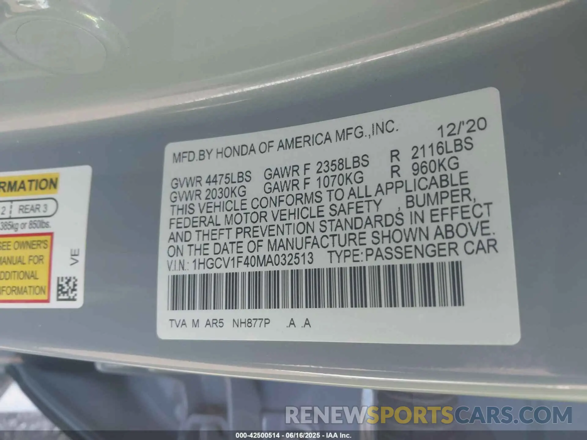 9 fotografías del automóvil dañado 1HGCV1F40MA032513 HONDA ACCORD 2021