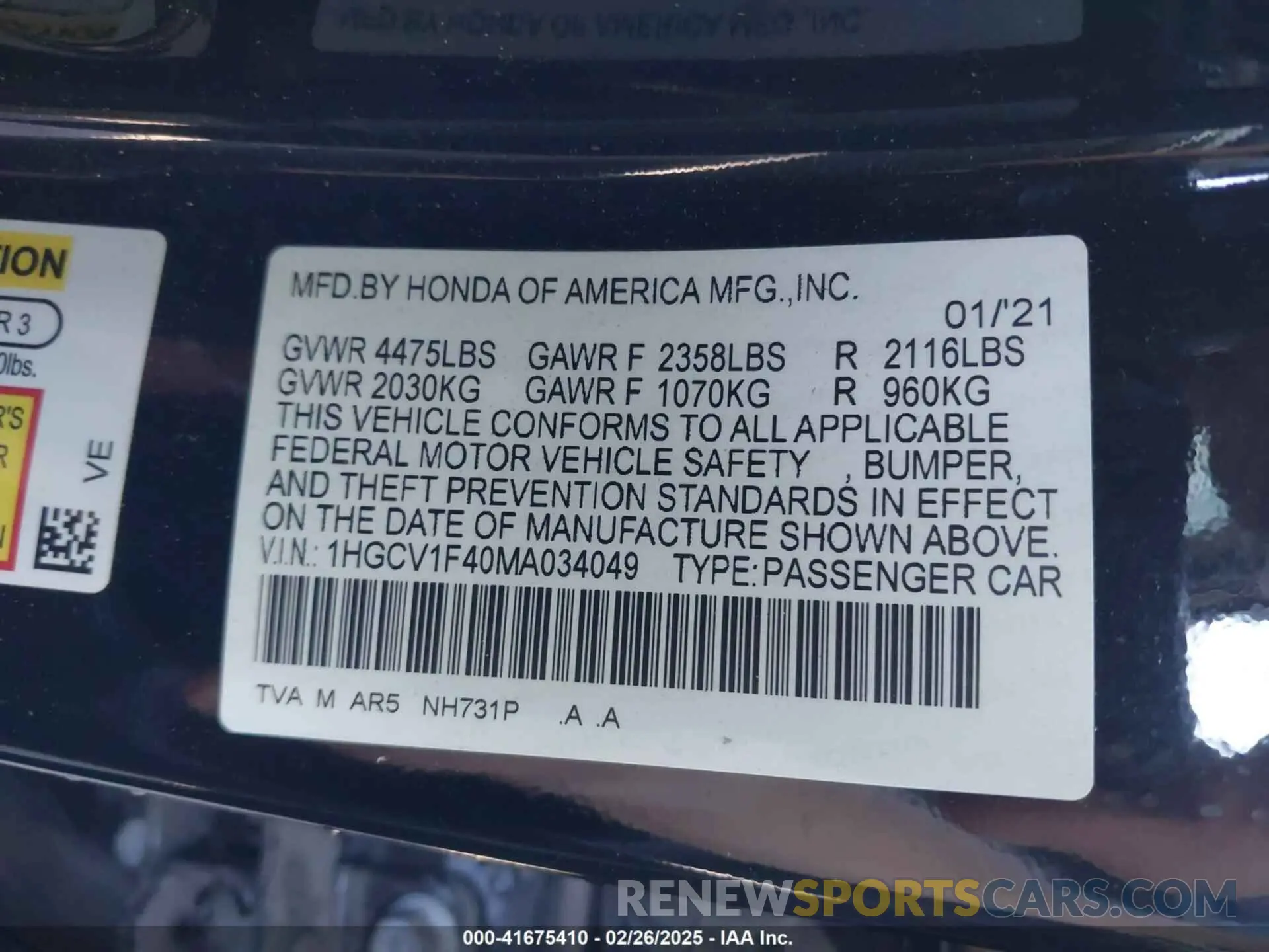 9 fotografías del automóvil dañado 1HGCV1F40MA034049 HONDA ACCORD 2021