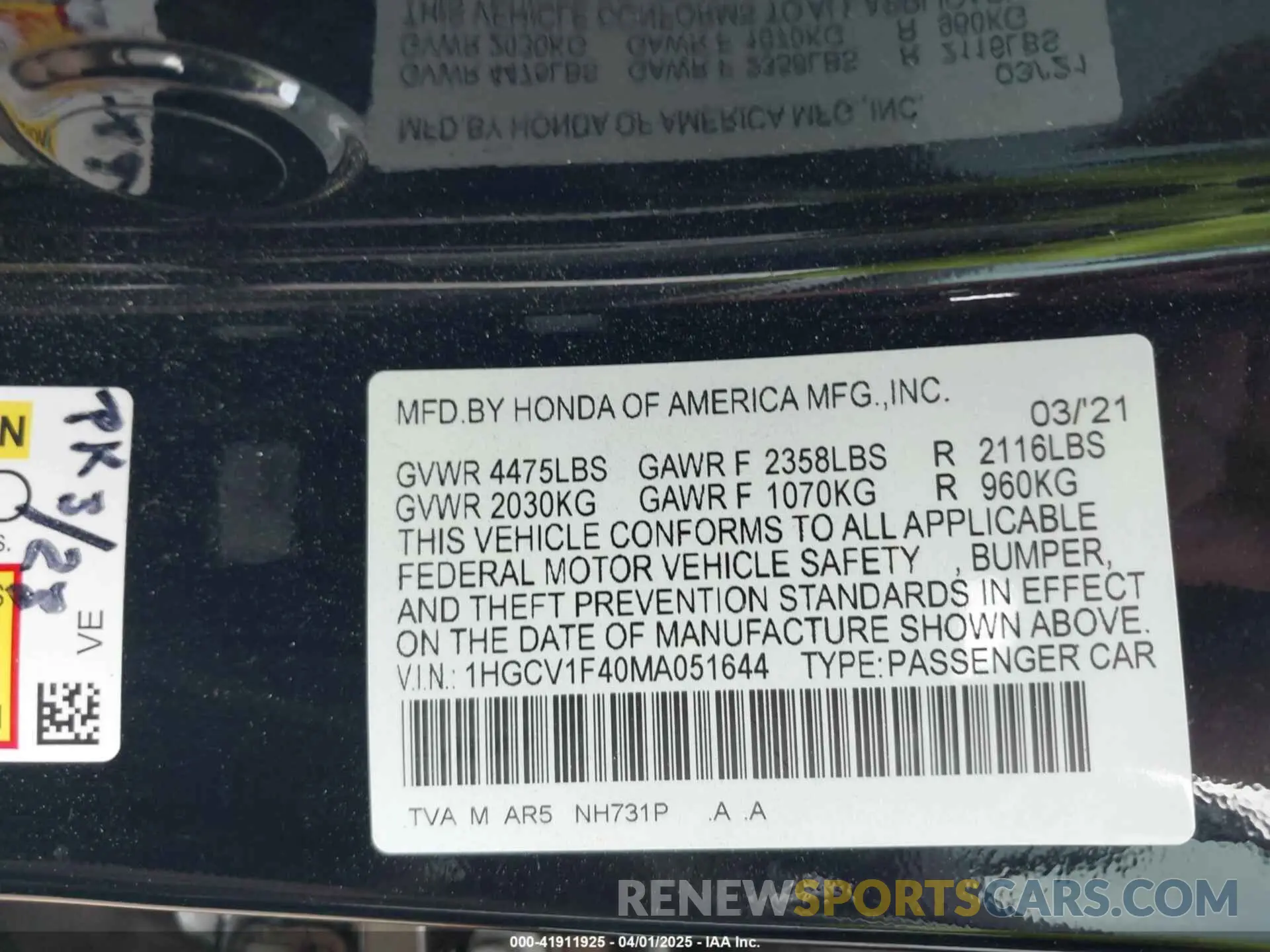 9 fotografías del automóvil dañado 1HGCV1F40MA051644 HONDA ACCORD 2021