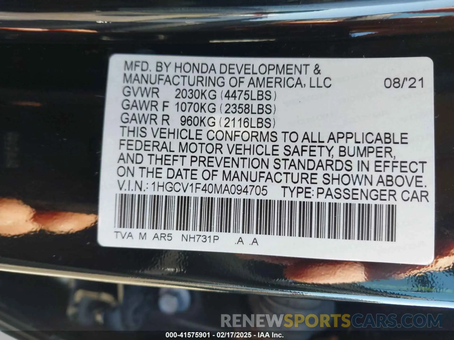 9 fotografías del automóvil dañado 1HGCV1F40MA094705 HONDA ACCORD 2021