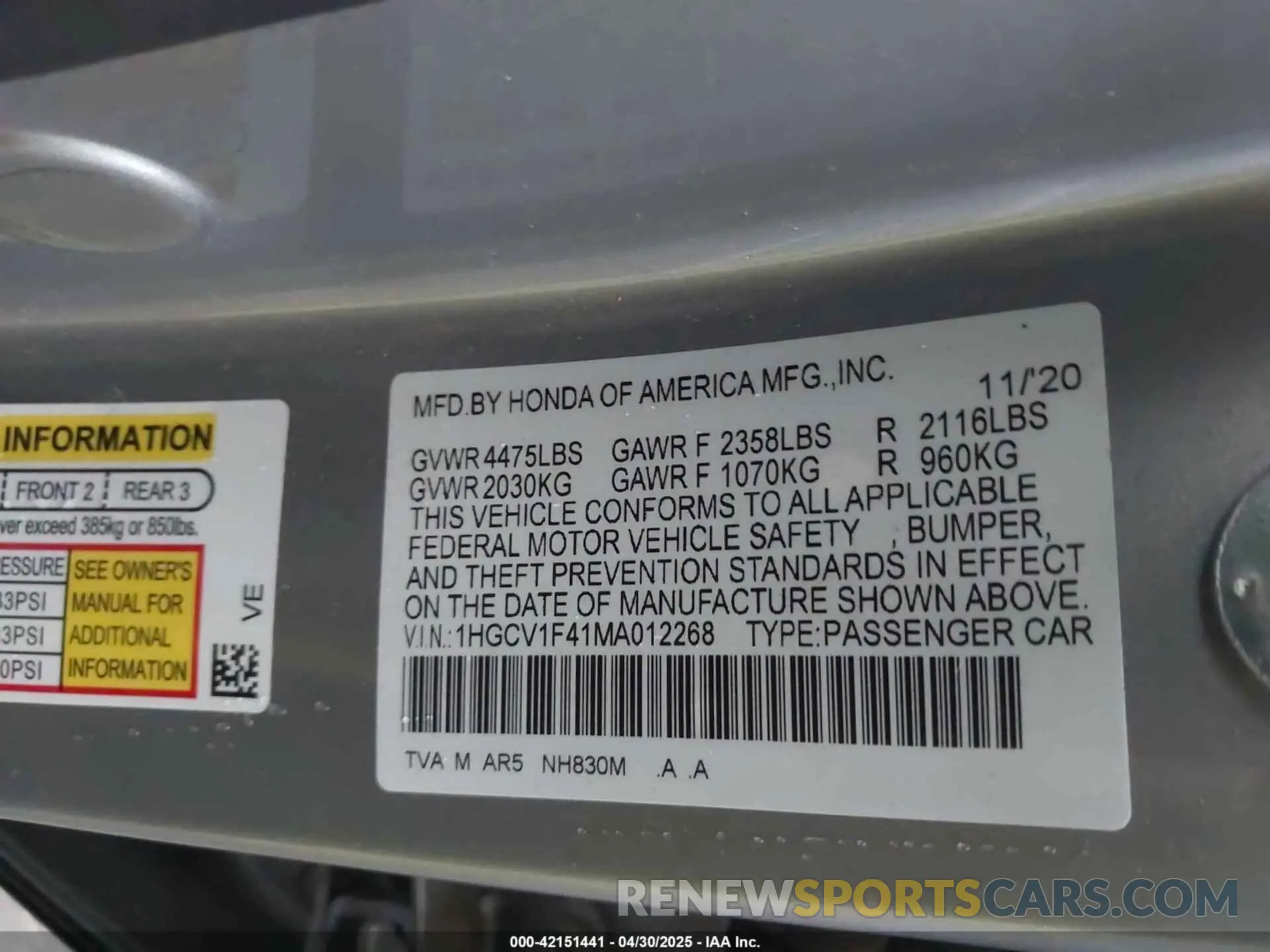 9 fotografías del automóvil dañado 1HGCV1F41MA012268 HONDA ACCORD 2021
