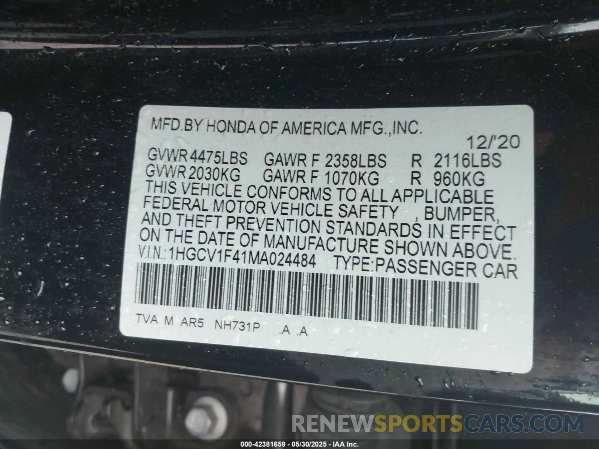 9 fotografías del automóvil dañado 1HGCV1F41MA024484 HONDA ACCORD 2021