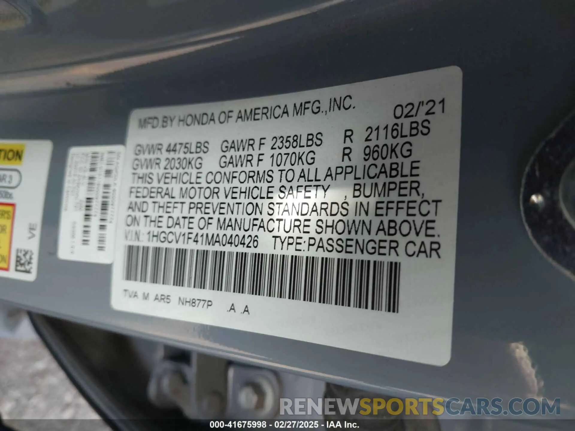 9 fotografías del automóvil dañado 1HGCV1F41MA040426 HONDA ACCORD 2021