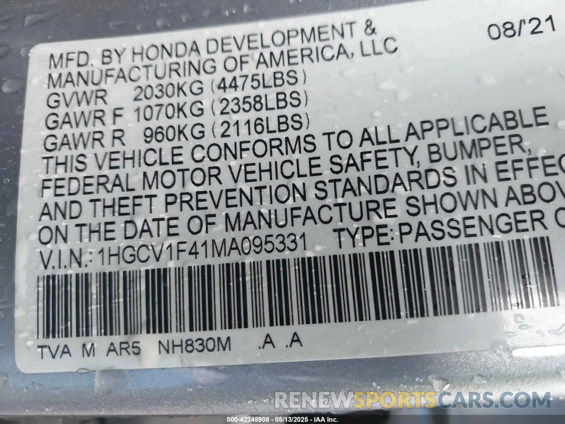 9 fotografías del automóvil dañado 1HGCV1F41MA095331 HONDA ACCORD 2021