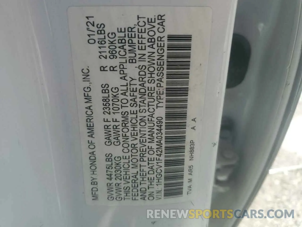12 fotografías del automóvil dañado 1HGCV1F42MA034490 HONDA ACCORD 2021