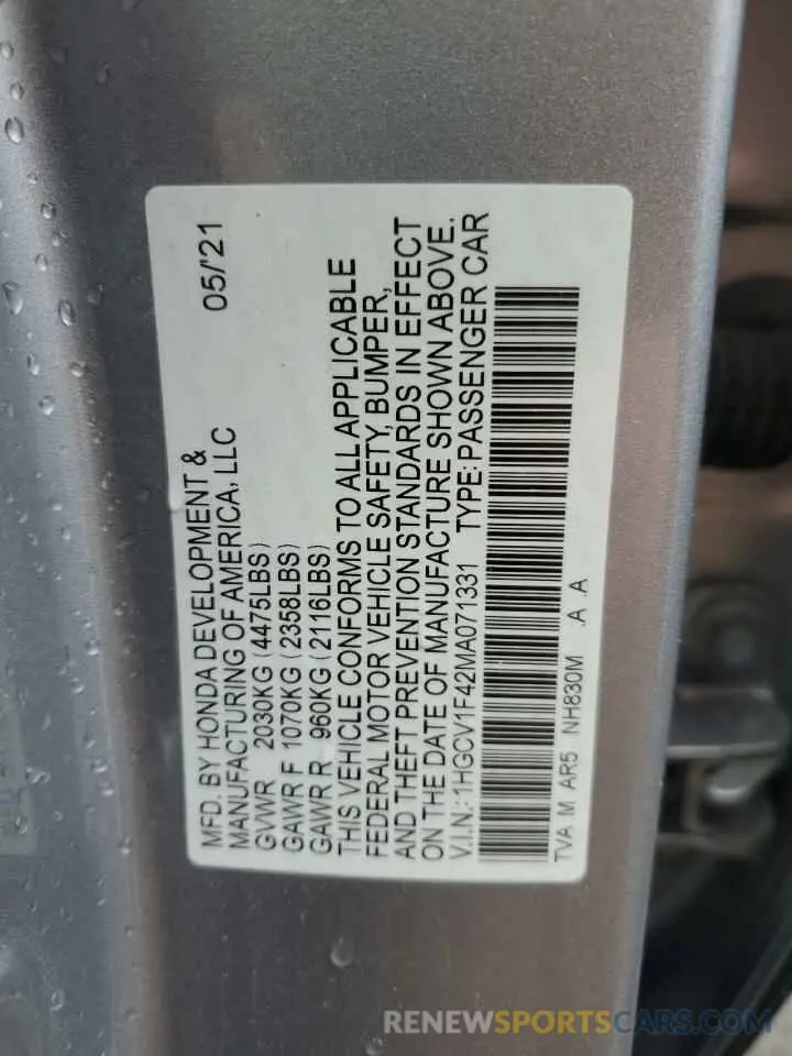 13 fotografías del automóvil dañado 1HGCV1F42MA071331 HONDA ACCORD 2021