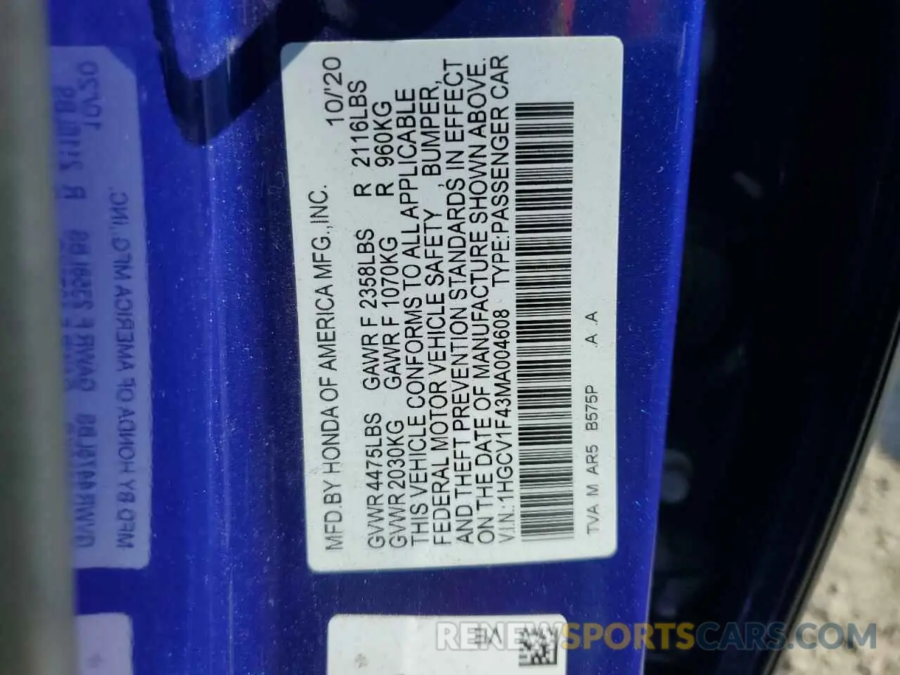 12 fotografías del automóvil dañado 1HGCV1F43MA004608 HONDA ACCORD 2021