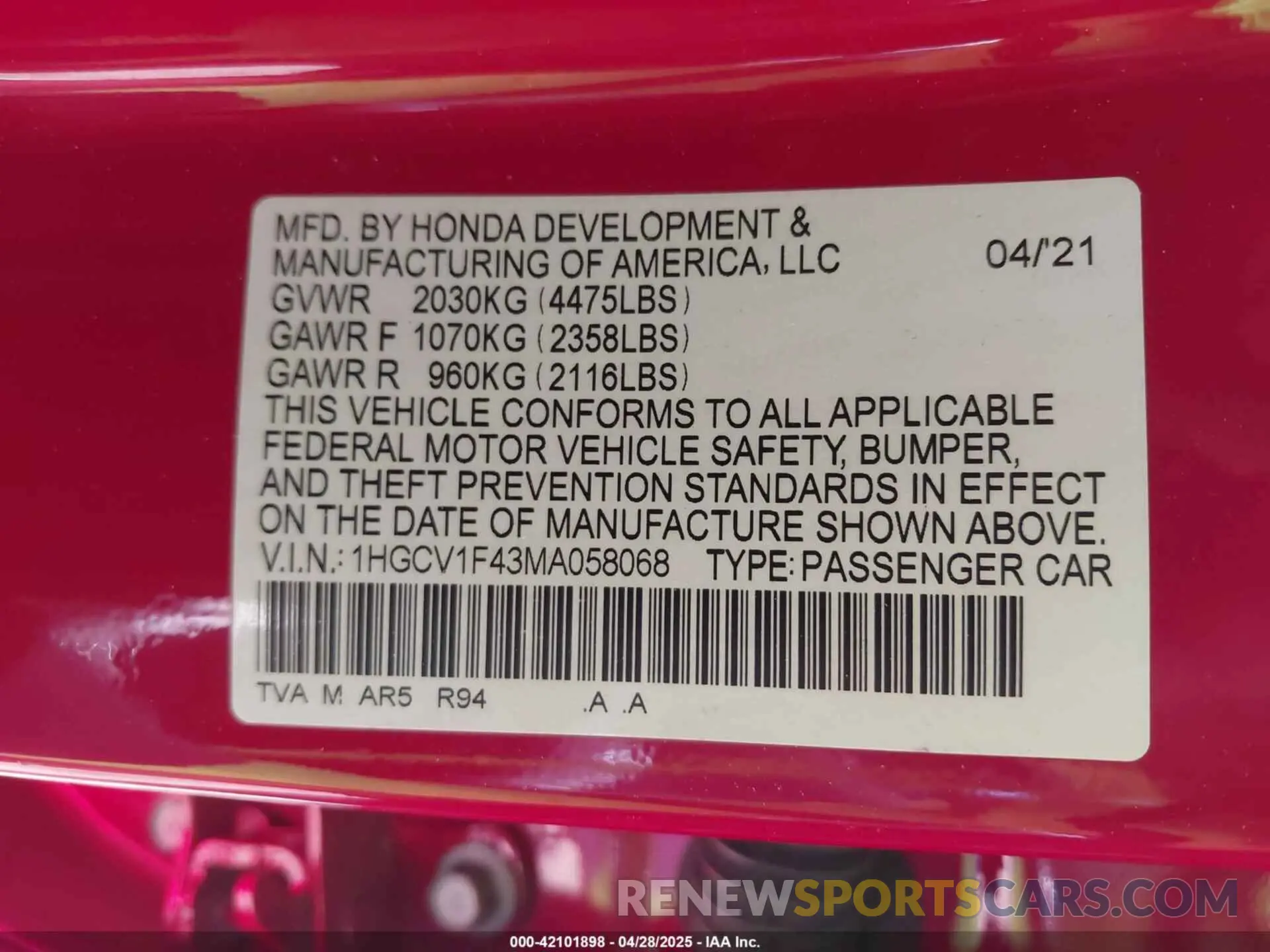 9 fotografías del automóvil dañado 1HGCV1F43MA058068 HONDA ACCORD 2021