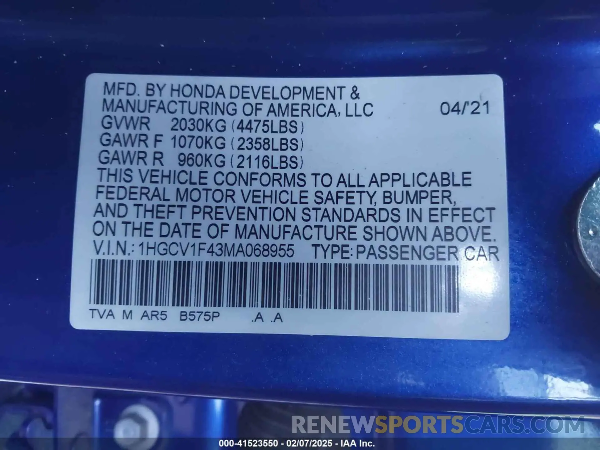 9 fotografías del automóvil dañado 1HGCV1F43MA068955 HONDA ACCORD 2021