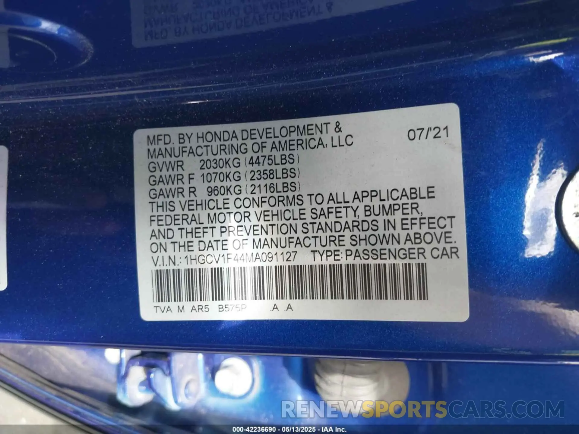 9 fotografías del automóvil dañado 1HGCV1F44MA091127 HONDA ACCORD 2021