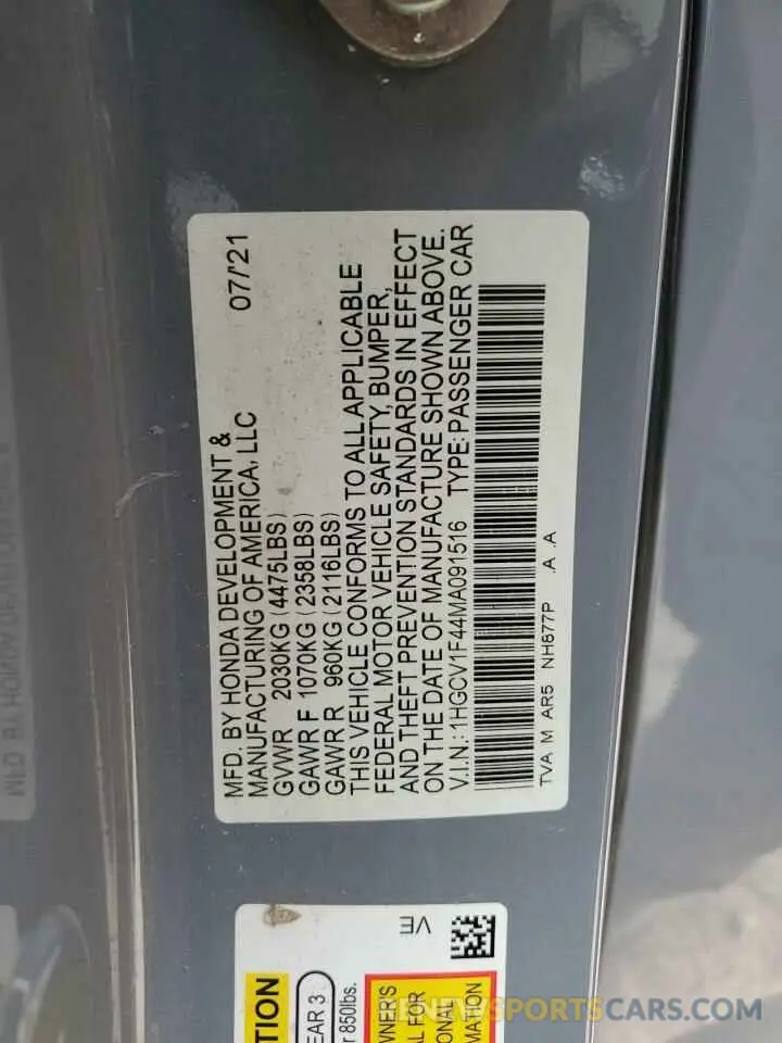 13 fotografías del automóvil dañado 1HGCV1F44MA091516 HONDA ACCORD 2021