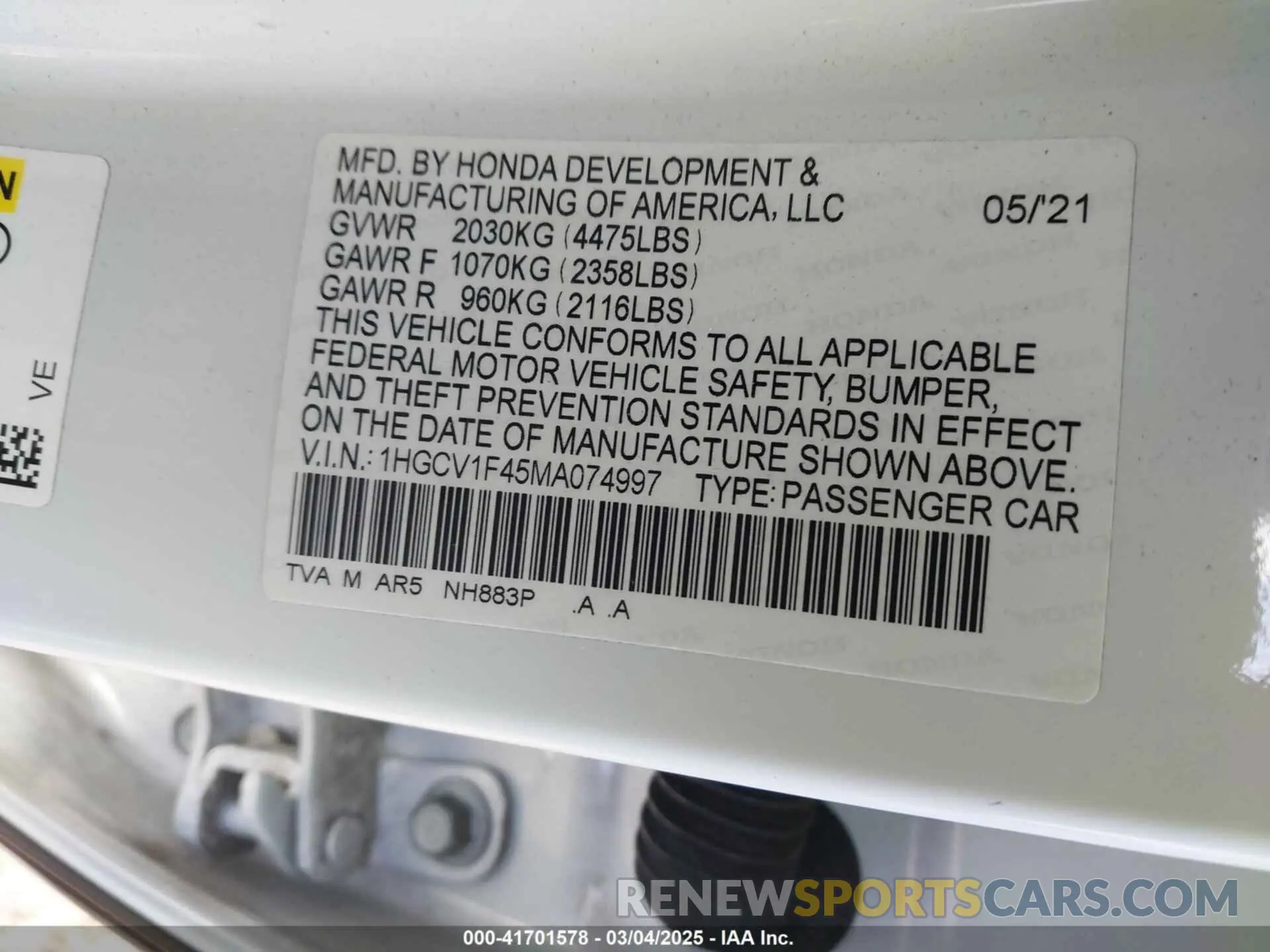 9 fotografías del automóvil dañado 1HGCV1F45MA074997 HONDA ACCORD 2021