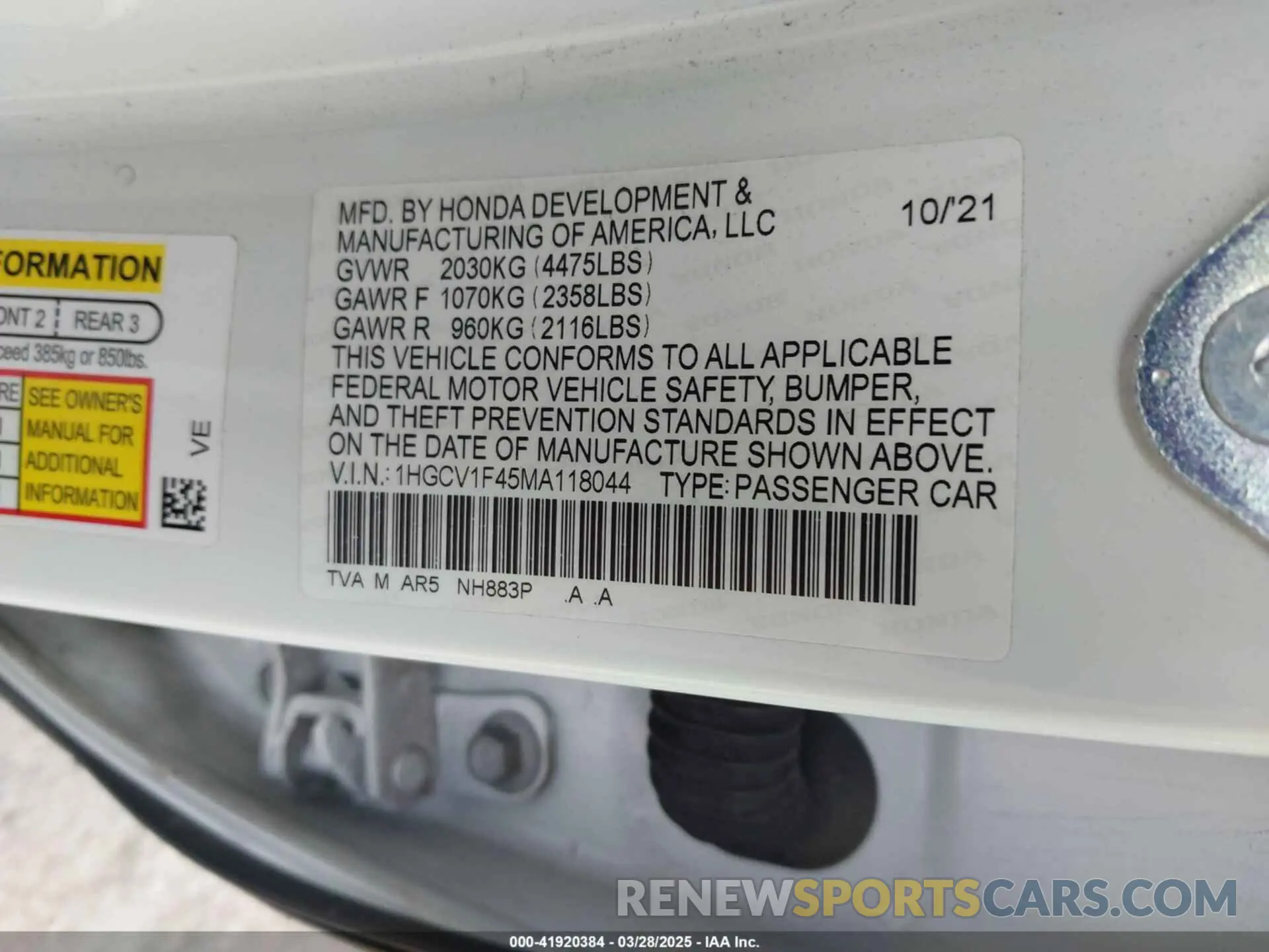 9 fotografías del automóvil dañado 1HGCV1F45MA118044 HONDA ACCORD 2021