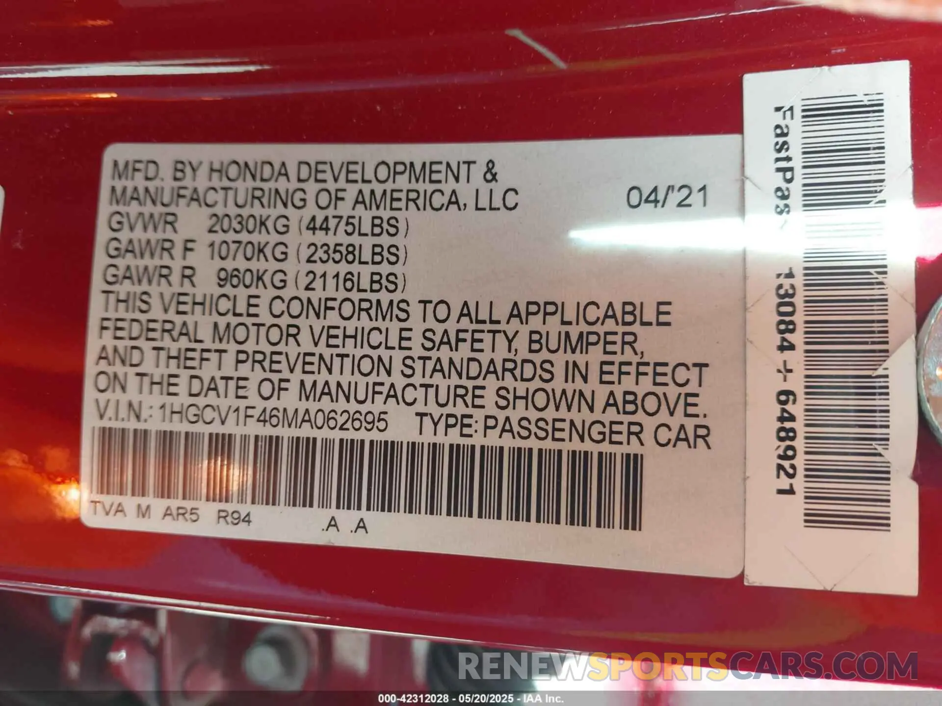 9 fotografías del automóvil dañado 1HGCV1F46MA062695 HONDA ACCORD 2021