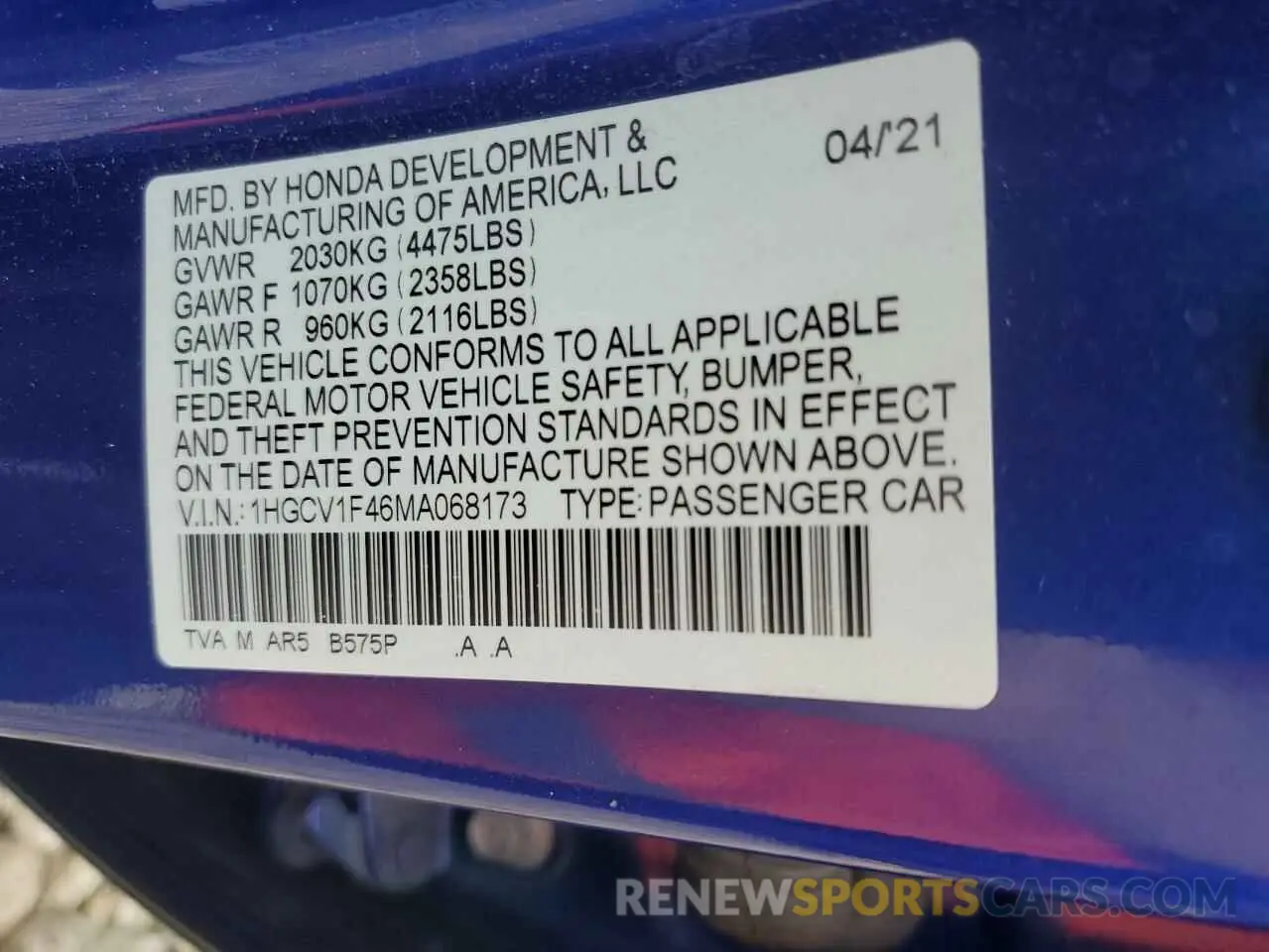 12 fotografías del automóvil dañado 1HGCV1F46MA068173 HONDA ACCORD 2021
