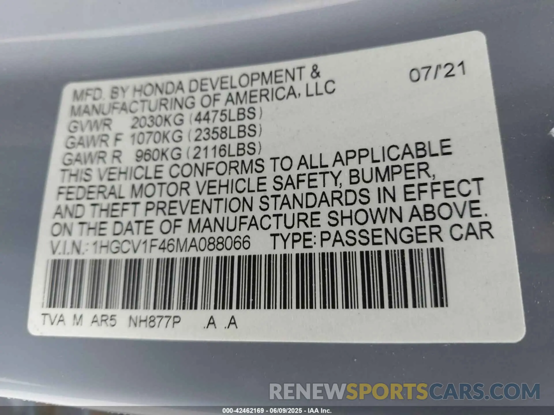 9 fotografías del automóvil dañado 1HGCV1F46MA088066 HONDA ACCORD 2021