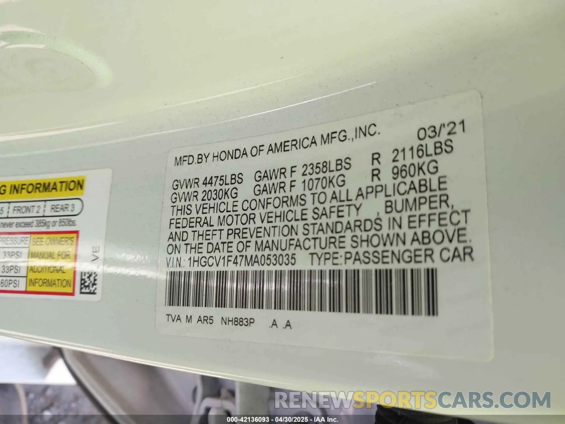 9 fotografías del automóvil dañado 1HGCV1F47MA053035 HONDA ACCORD 2021