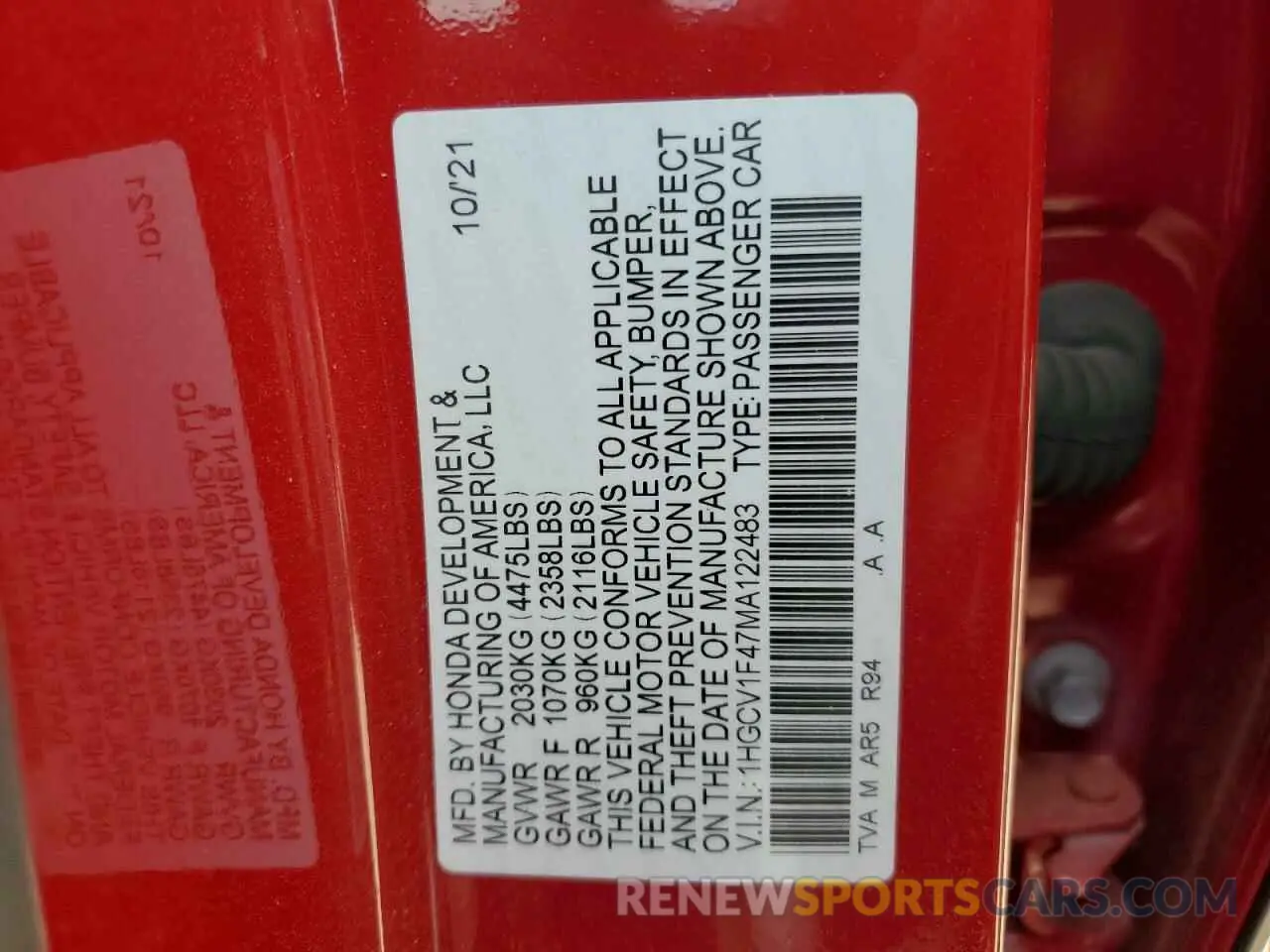 12 fotografías del automóvil dañado 1HGCV1F47MA122483 HONDA ACCORD 2021