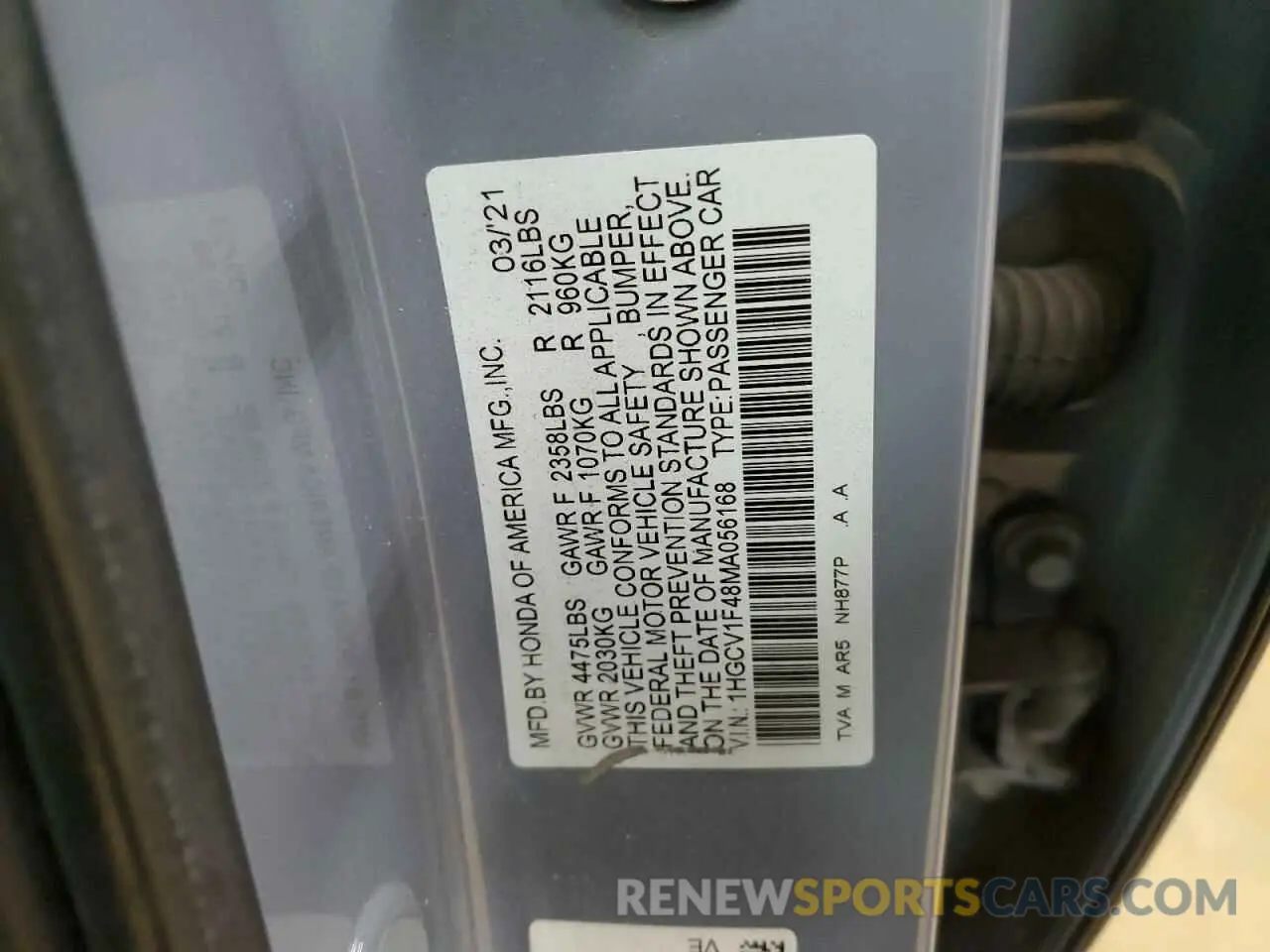 12 fotografías del automóvil dañado 1HGCV1F48MA056168 HONDA ACCORD 2021