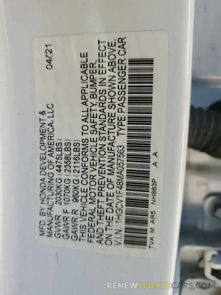 12 fotografías del automóvil dañado 1HGCV1F48MA057563 HONDA ACCORD 2021
