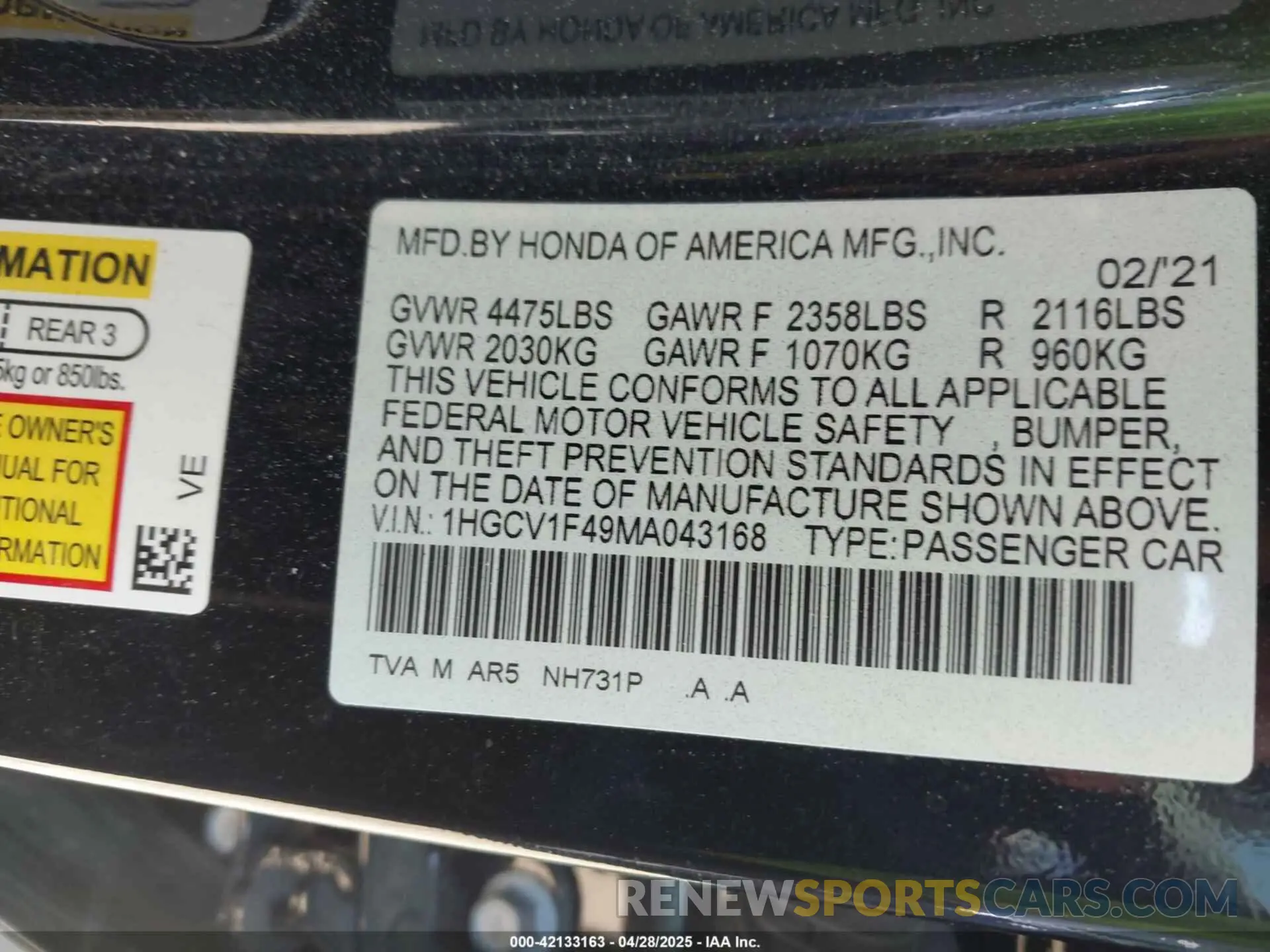 9 fotografías del automóvil dañado 1HGCV1F49MA043168 HONDA ACCORD 2021