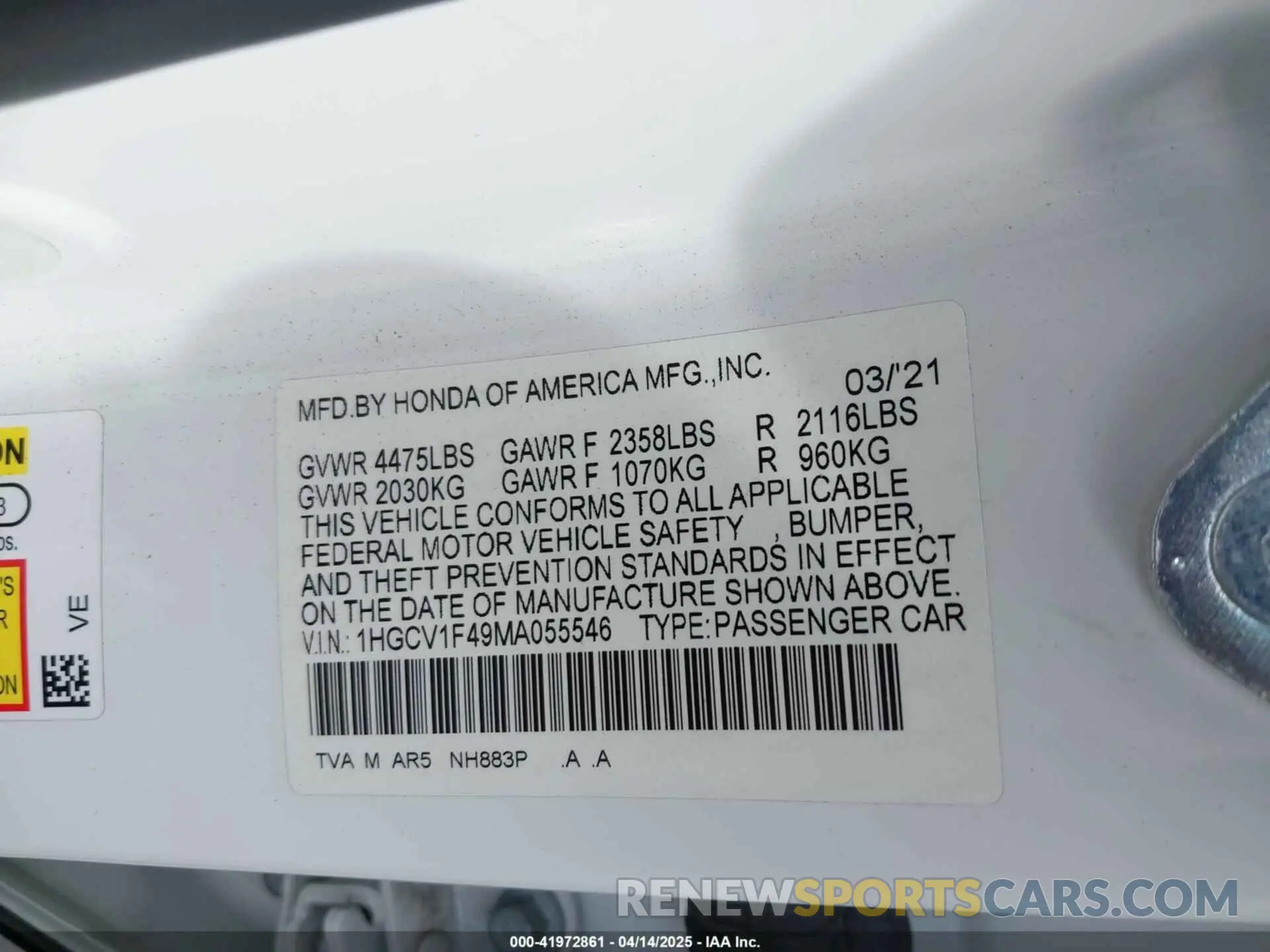 9 fotografías del automóvil dañado 1HGCV1F49MA055546 HONDA ACCORD 2021
