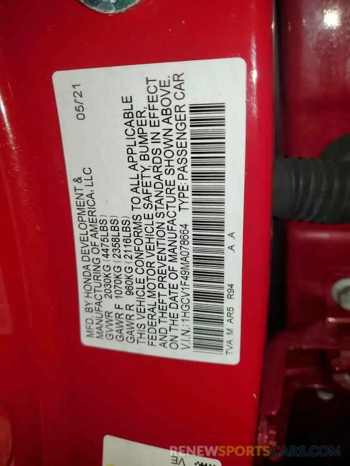 12 fotografías del automóvil dañado 1HGCV1F49MA078664 HONDA ACCORD 2021