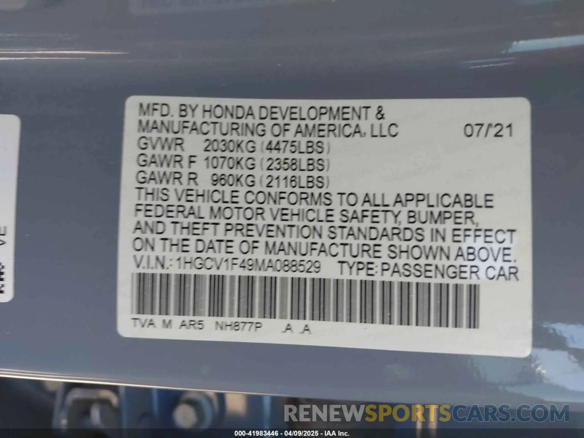 9 fotografías del automóvil dañado 1HGCV1F49MA088529 HONDA ACCORD 2021