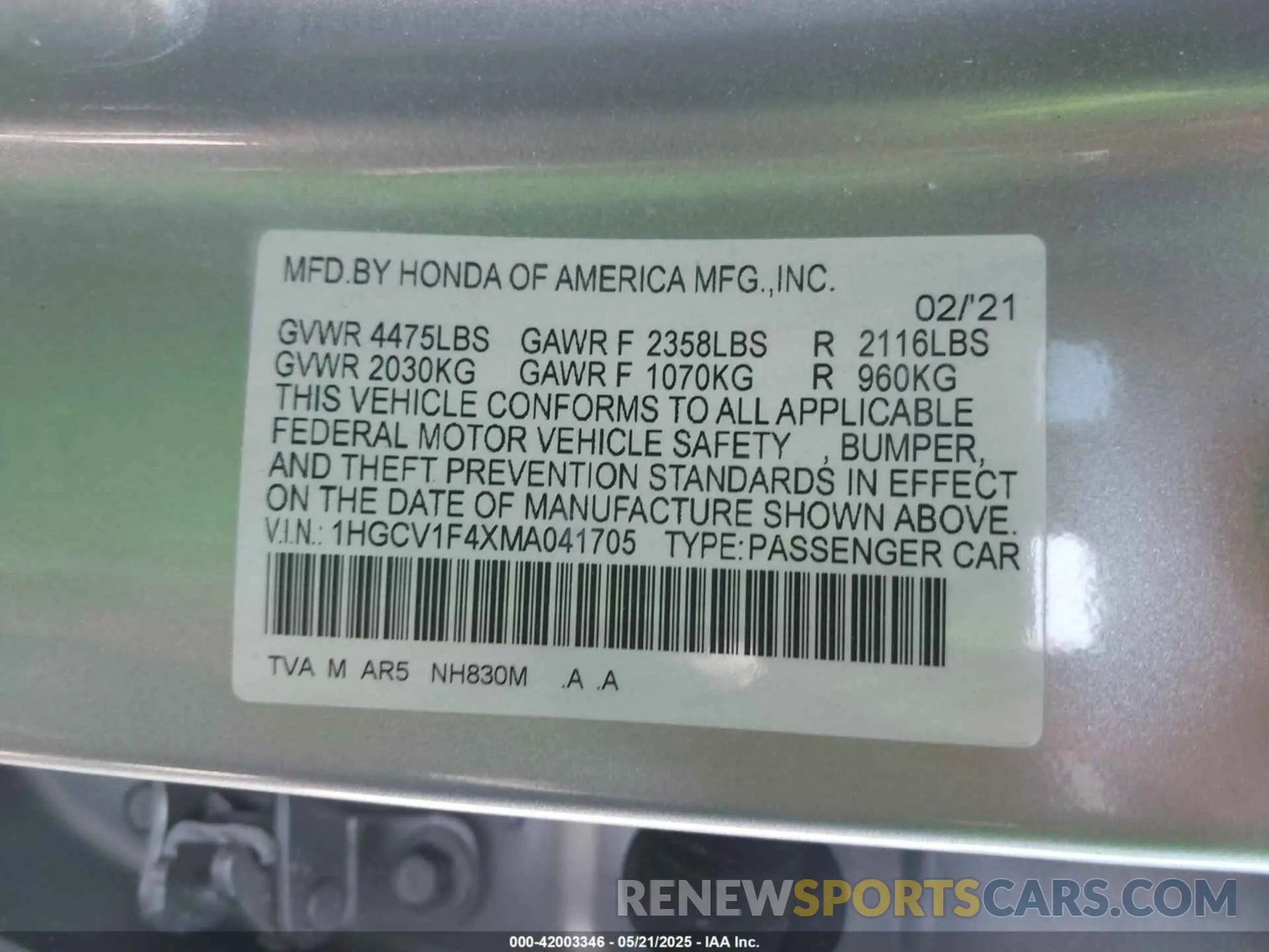 9 fotografías del automóvil dañado 1HGCV1F4XMA041705 HONDA ACCORD 2021