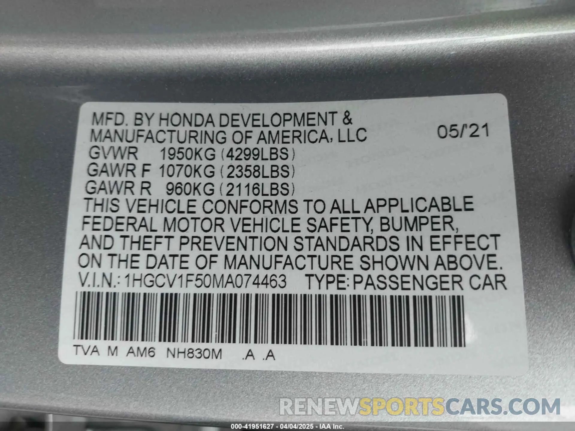9 fotografías del automóvil dañado 1HGCV1F50MA074463 HONDA ACCORD 2021