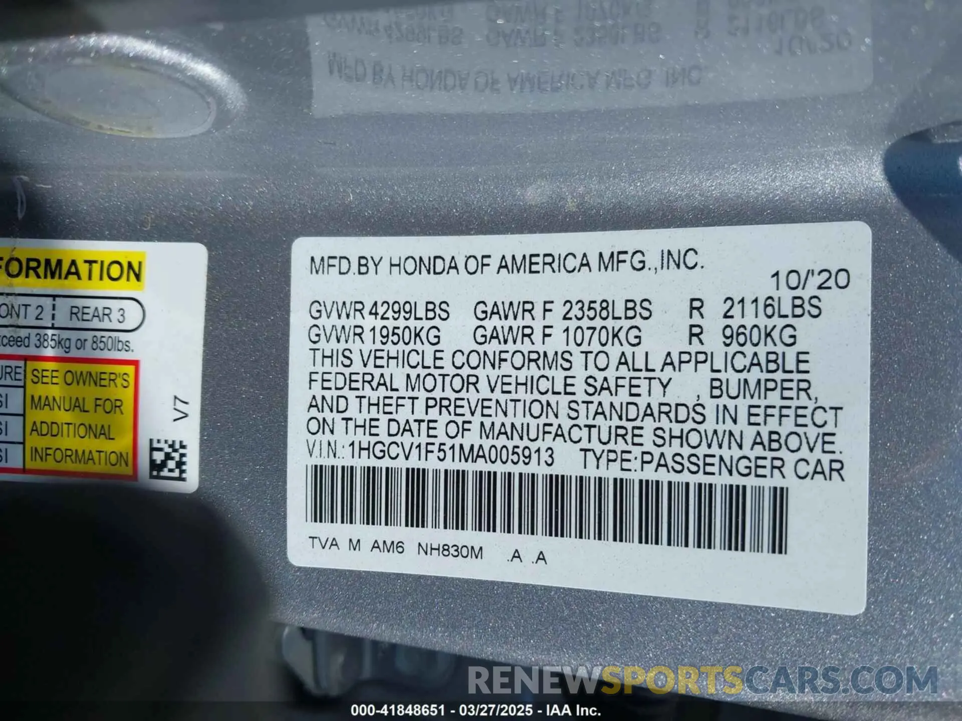 9 fotografías del automóvil dañado 1HGCV1F51MA005913 HONDA ACCORD 2021