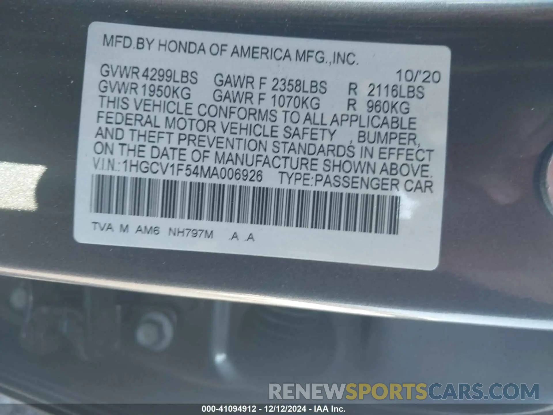 9 fotografías del automóvil dañado 1HGCV1F54MA006926 HONDA ACCORD 2021