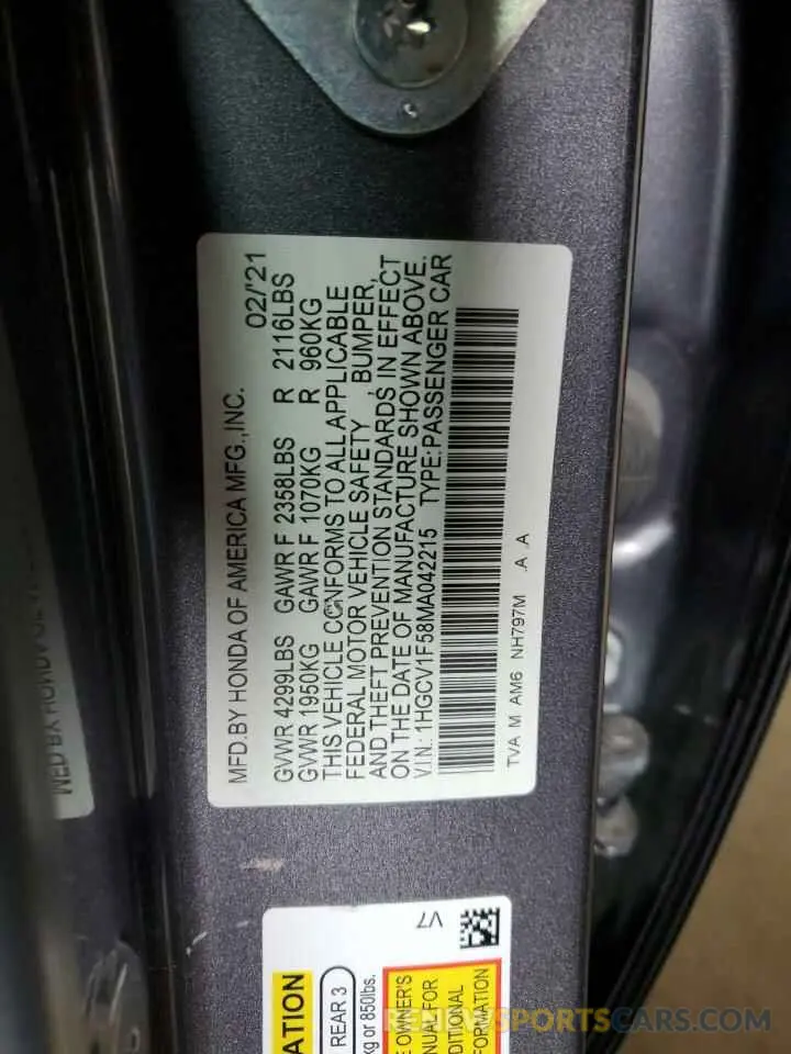 12 fotografías del automóvil dañado 1HGCV1F58MA042215 HONDA ACCORD 2021