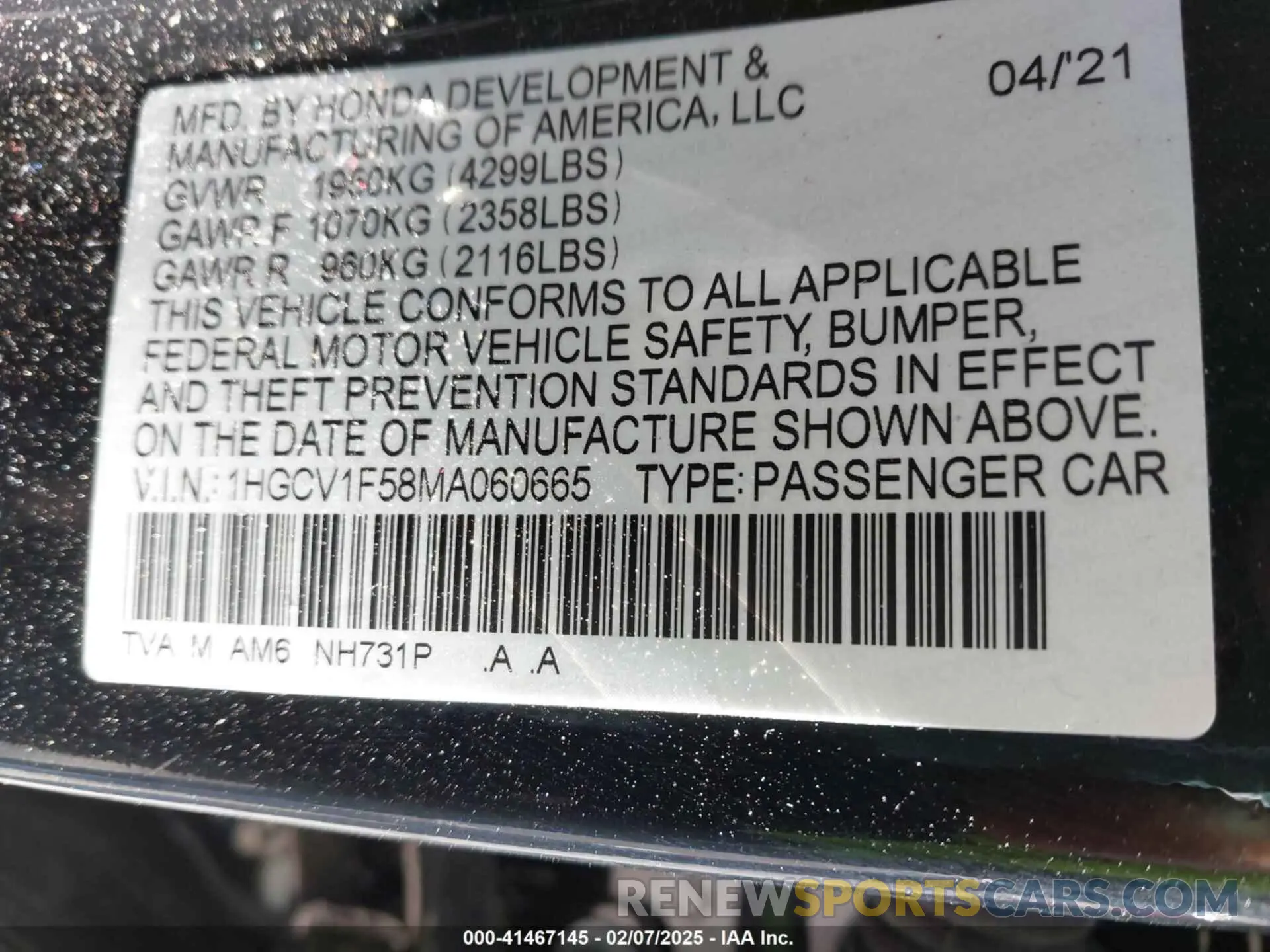 9 fotografías del automóvil dañado 1HGCV1F58MA060665 HONDA ACCORD 2021