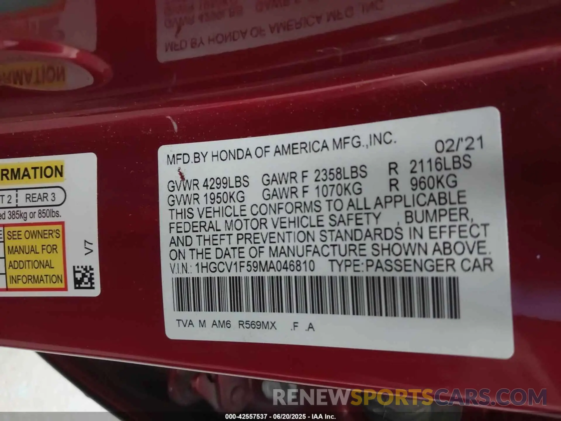 9 fotografías del automóvil dañado 1HGCV1F59MA046810 HONDA ACCORD 2021