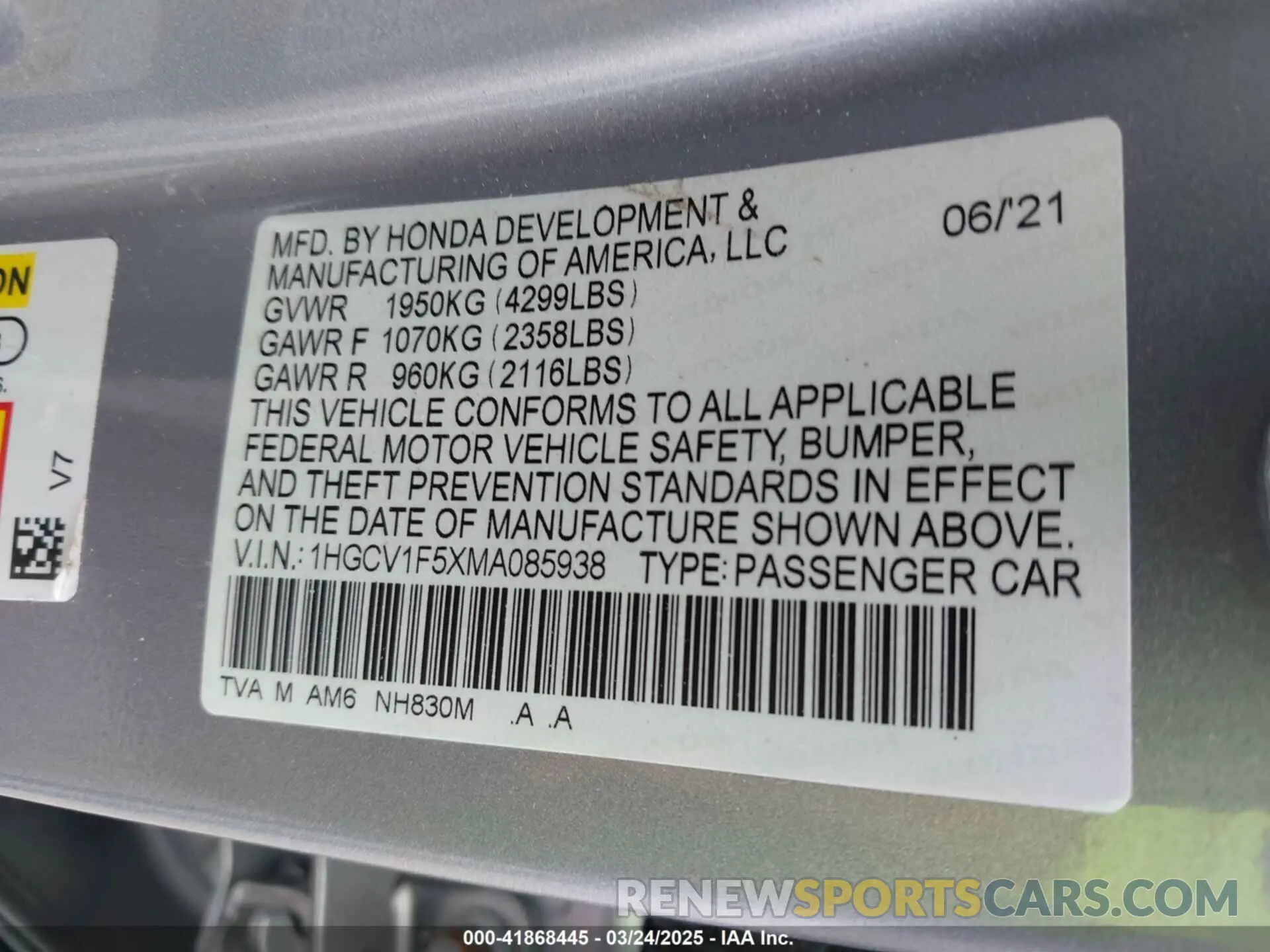 9 fotografías del automóvil dañado 1HGCV1F5XMA085938 HONDA ACCORD 2021