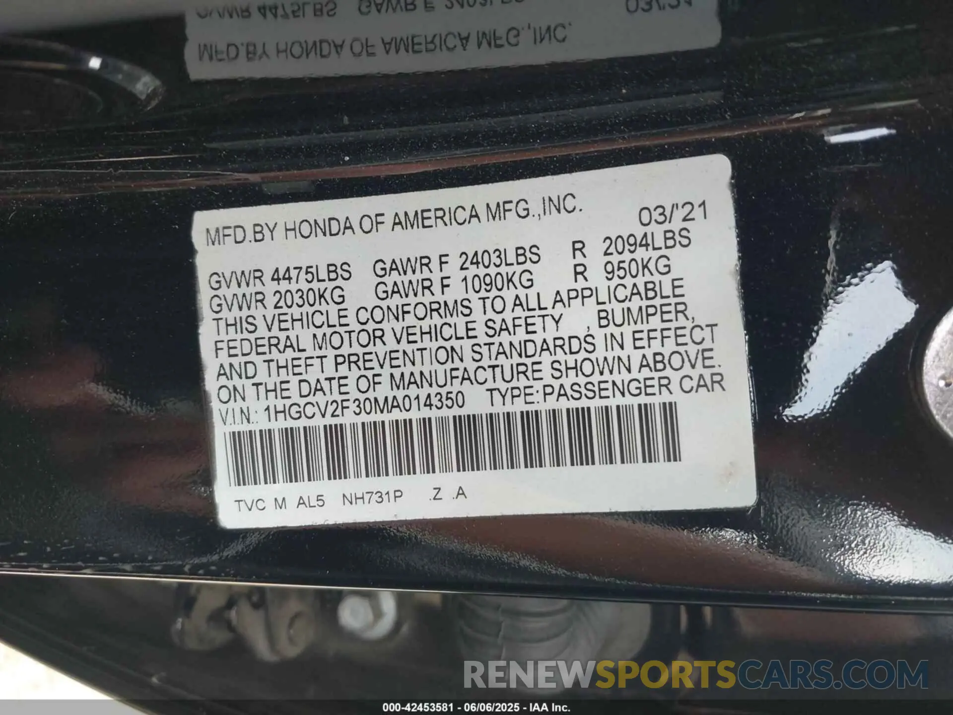 9 fotografías del automóvil dañado 1HGCV2F30MA014350 HONDA ACCORD 2021