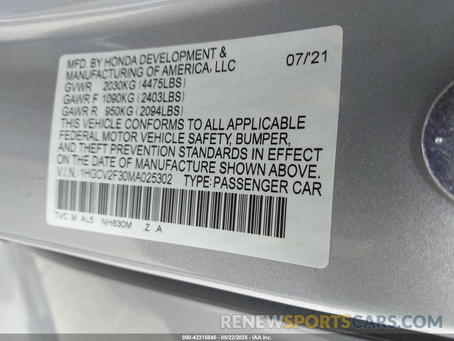 9 fotografías del automóvil dañado 1HGCV2F30MA025302 HONDA ACCORD 2021