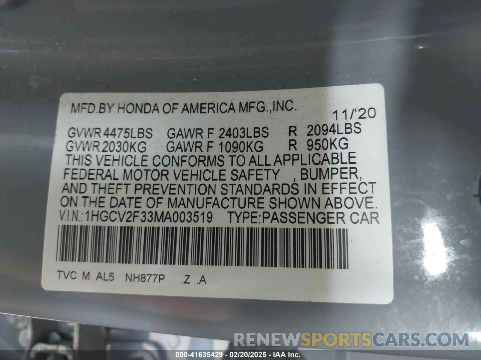 9 fotografías del automóvil dañado 1HGCV2F33MA003519 HONDA ACCORD 2021