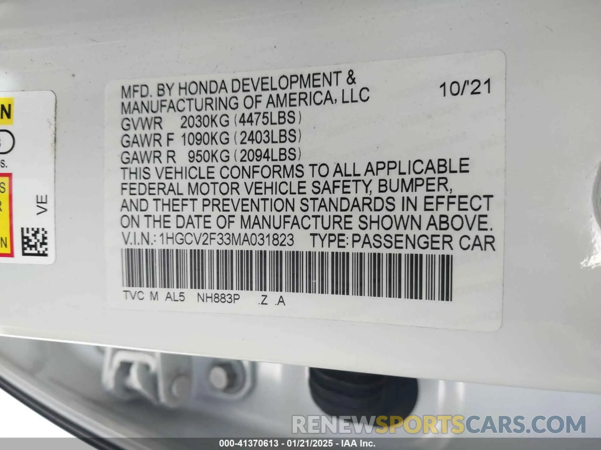 9 fotografías del automóvil dañado 1HGCV2F33MA031823 HONDA ACCORD 2021