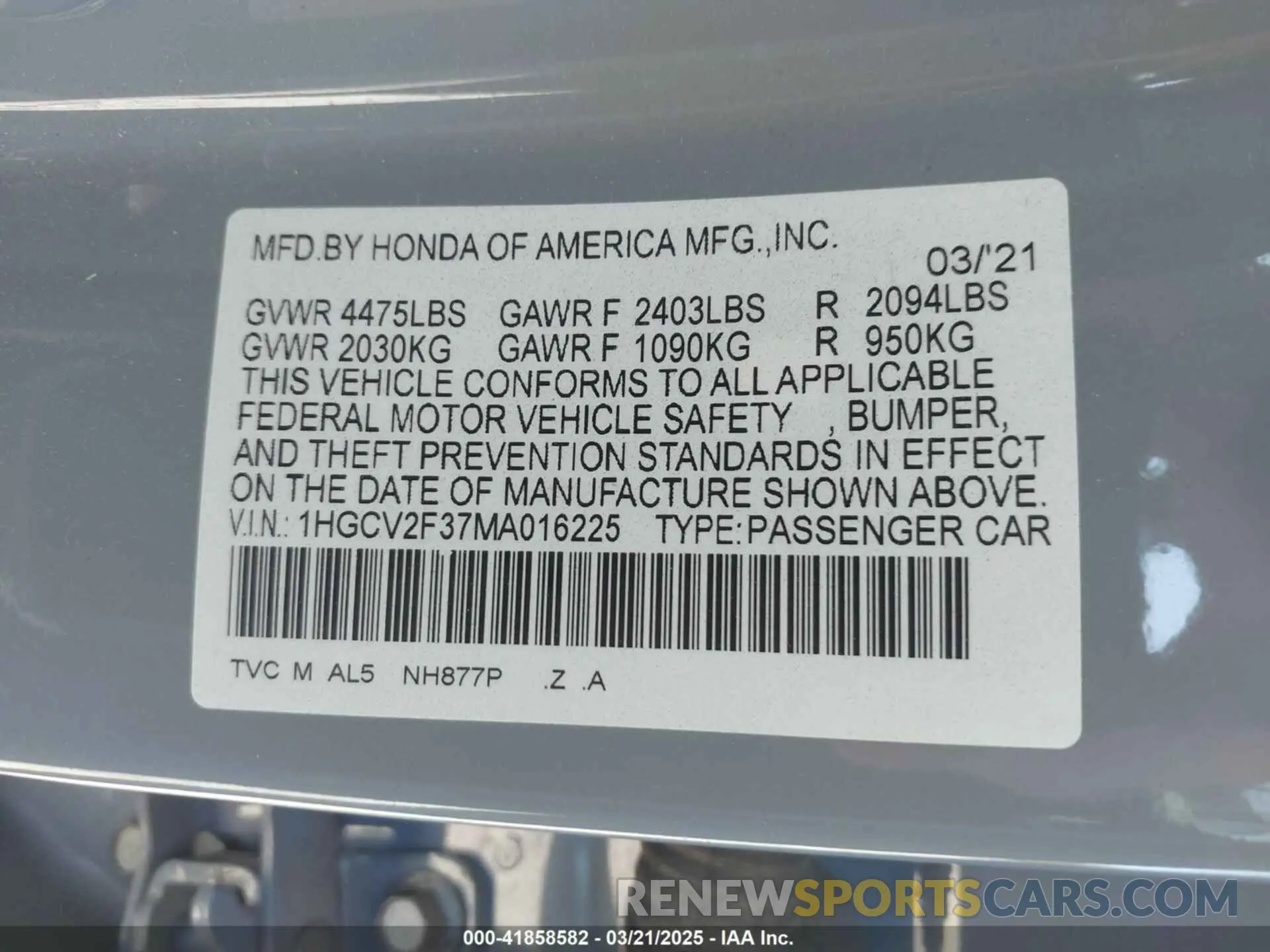 9 fotografías del automóvil dañado 1HGCV2F37MA016225 HONDA ACCORD 2021