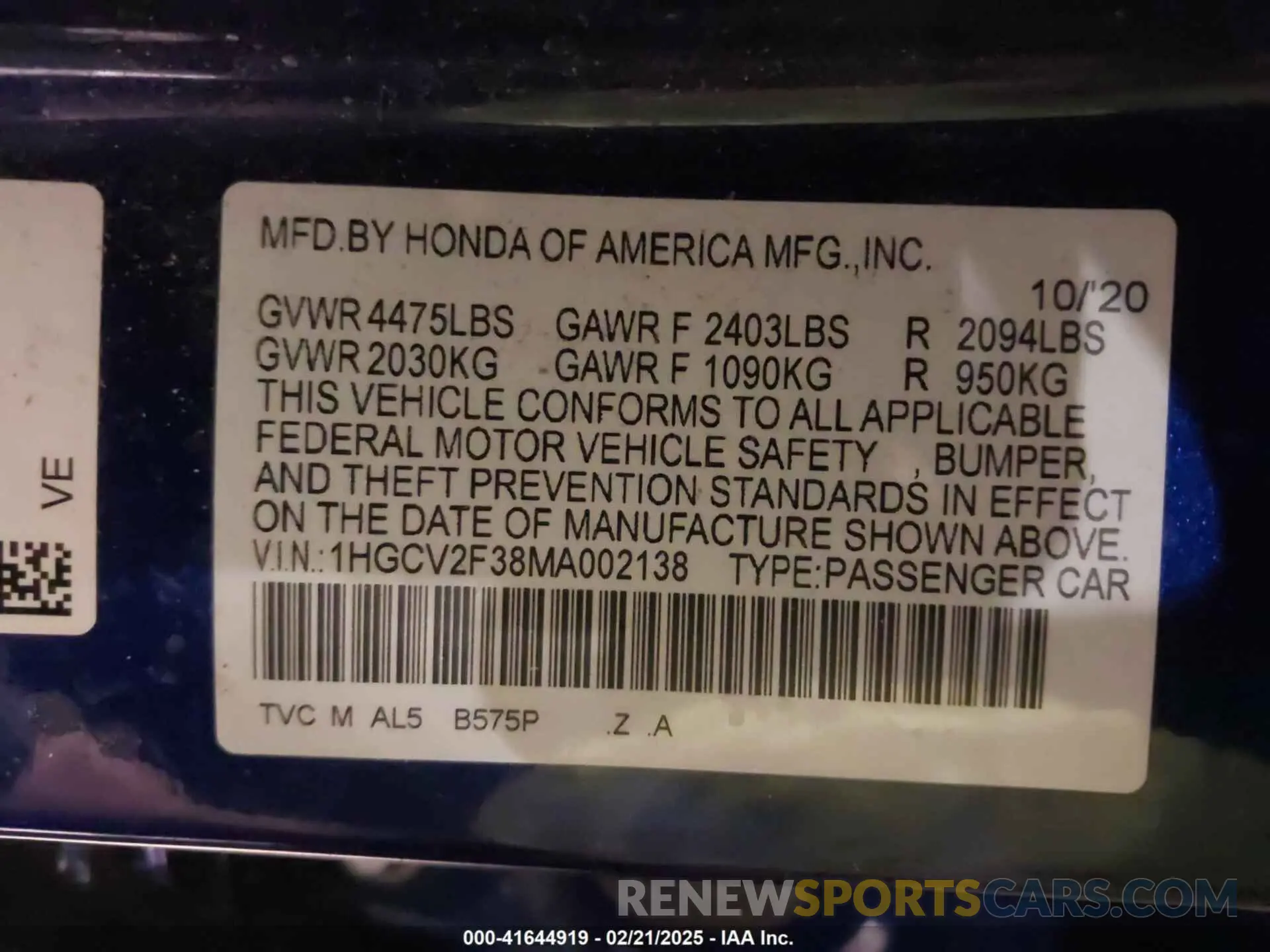 9 fotografías del automóvil dañado 1HGCV2F38MA002138 HONDA ACCORD 2021