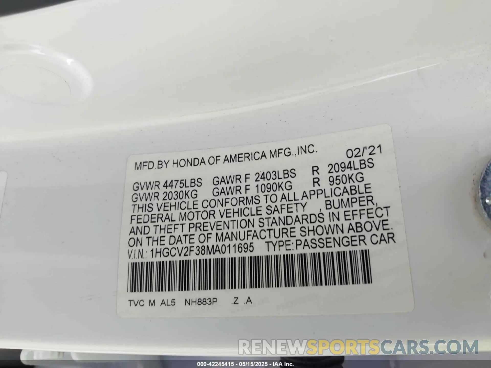 9 fotografías del automóvil dañado 1HGCV2F38MA011695 HONDA ACCORD 2021