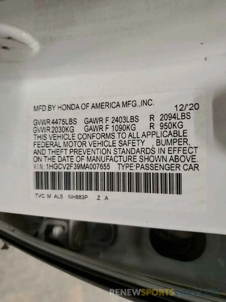 12 fotografías del automóvil dañado 1HGCV2F39MA007655 HONDA ACCORD 2021