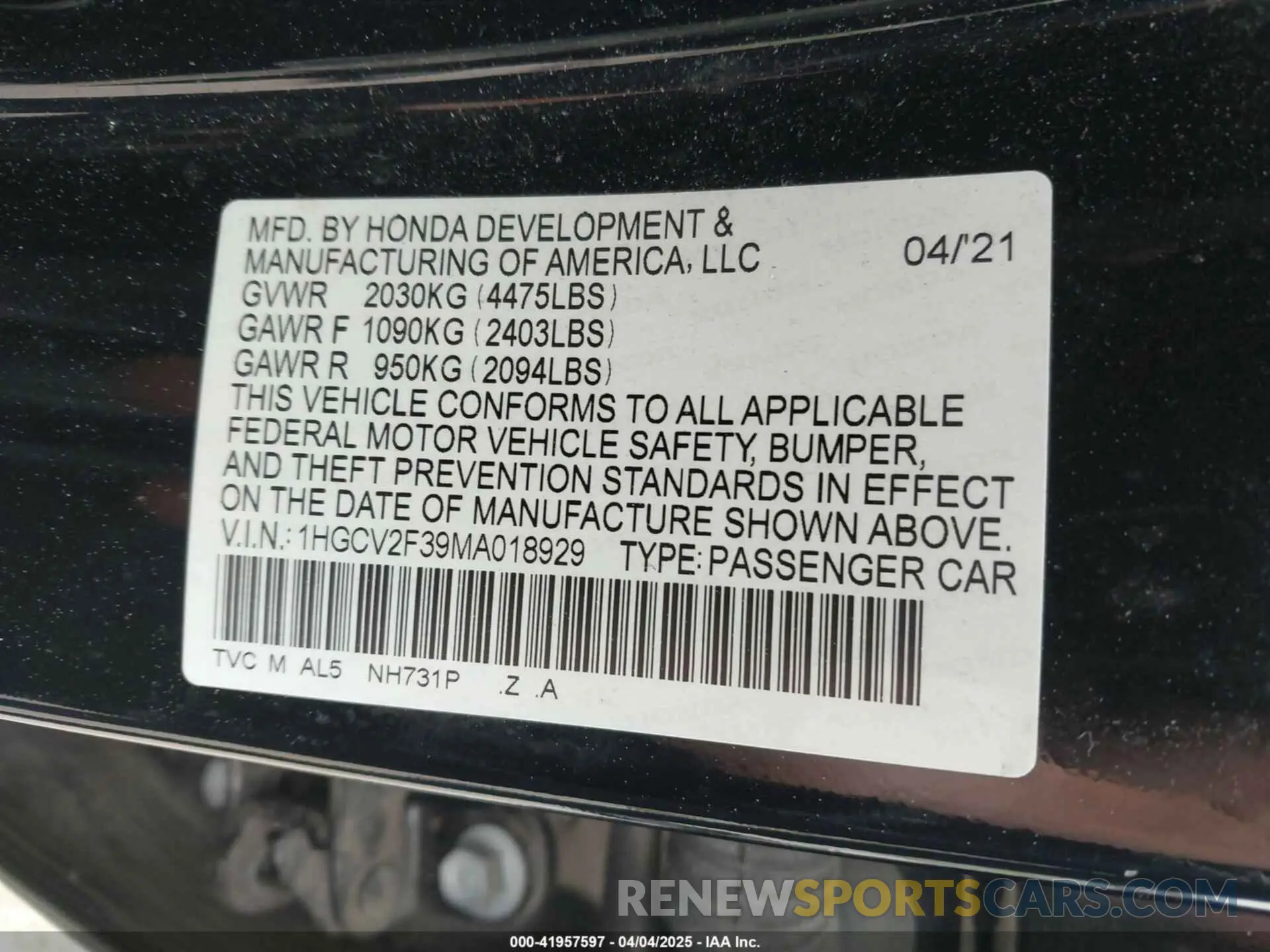 9 fotografías del automóvil dañado 1HGCV2F39MA018929 HONDA ACCORD 2021