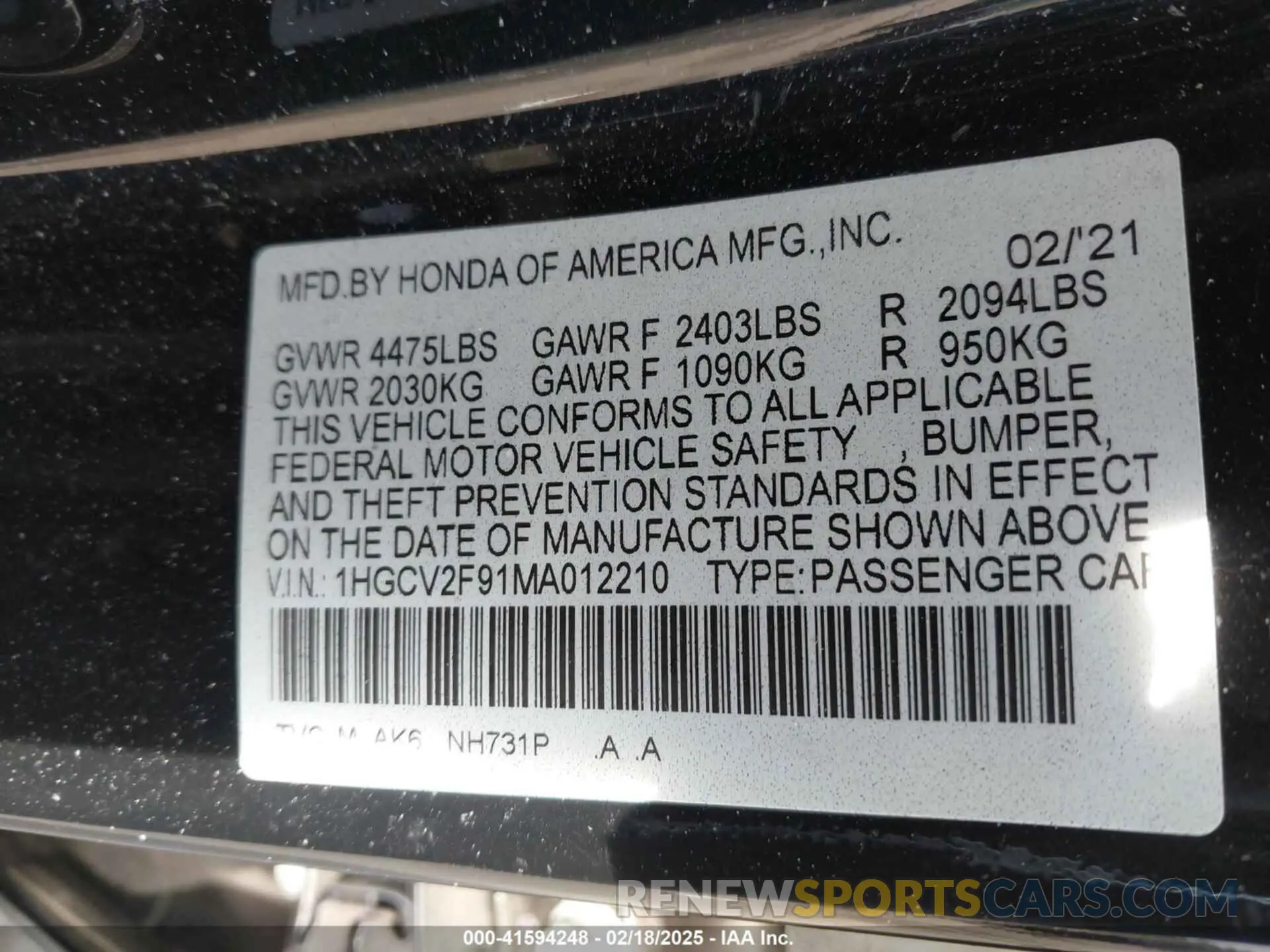 9 fotografías del automóvil dañado 1HGCV2F91MA012210 HONDA ACCORD 2021