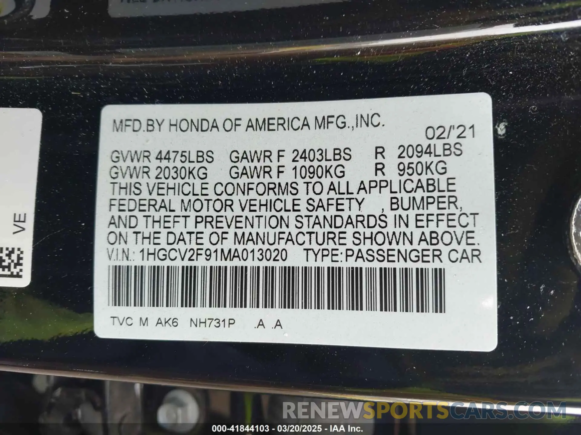 9 fotografías del automóvil dañado 1HGCV2F91MA013020 HONDA ACCORD 2021