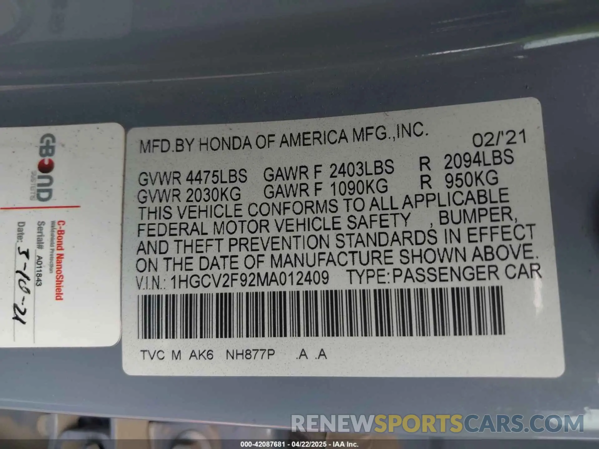 9 fotografías del automóvil dañado 1HGCV2F92MA012409 HONDA ACCORD 2021