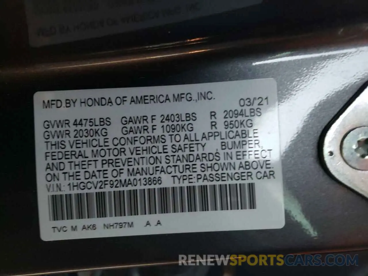13 fotografías del automóvil dañado 1HGCV2F92MA013866 HONDA ACCORD 2021