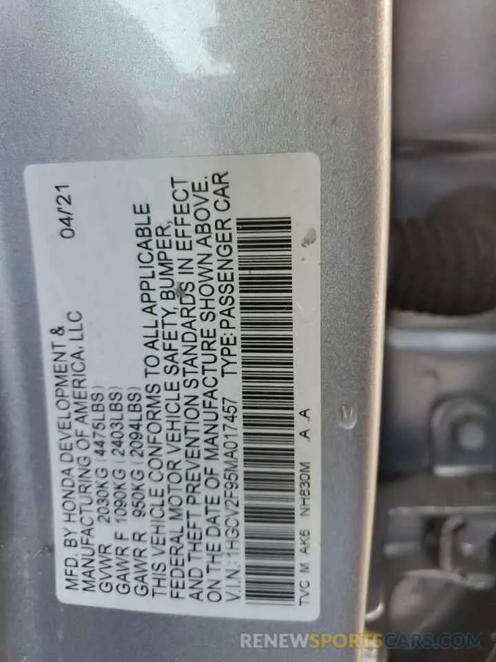 12 fotografías del automóvil dañado 1HGCV2F95MA017457 HONDA ACCORD 2021